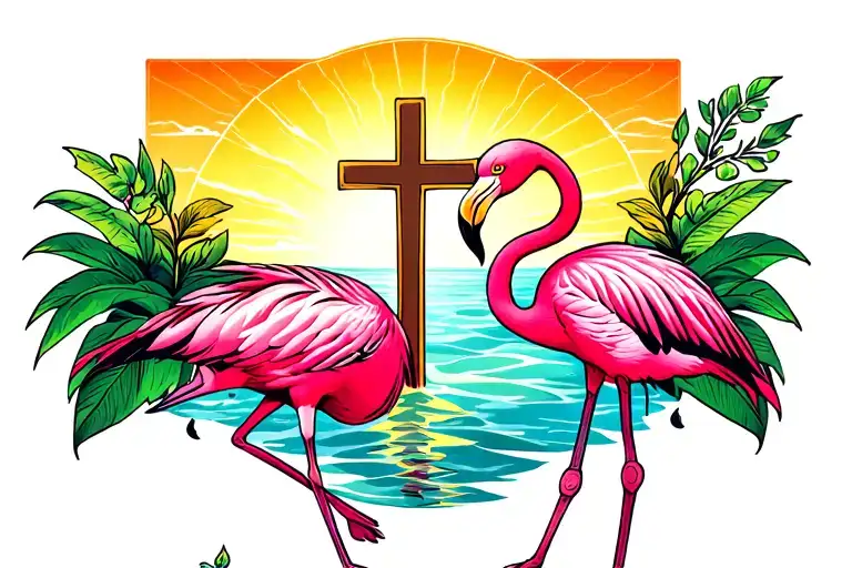 Cross And Flamingo In A Sun Setting