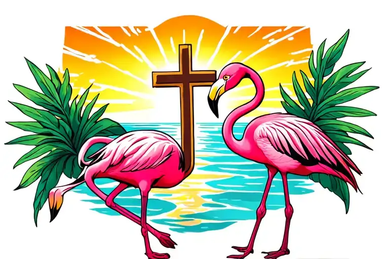 Cross And Flamingo In A Sun Setting