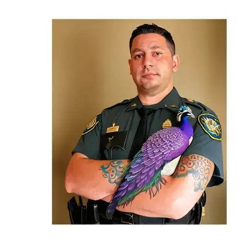 A Security Guard With A Purple Peacock Tattoo On Their Arm