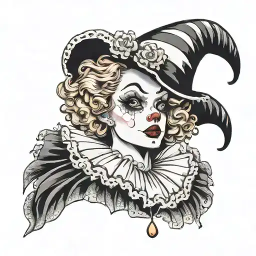 Beautiful Sad Clown Lady With A Frilly Collar And Hat
