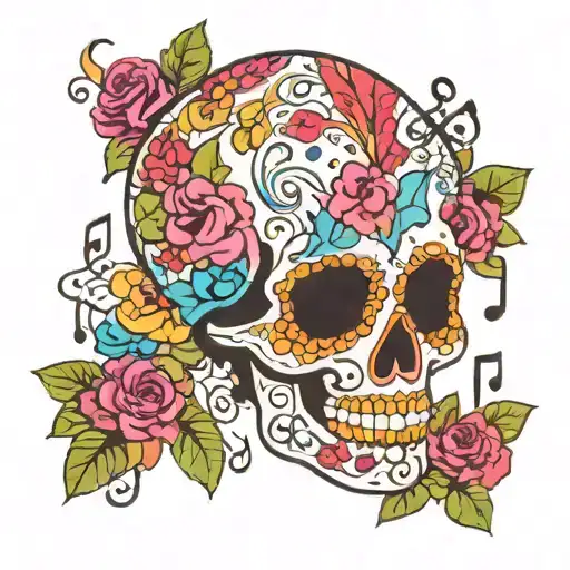 A Girly Sugar Skull Surrounded By Colorful Musical Notes And Flowers