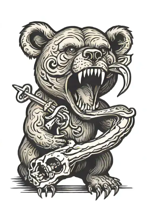 Bear Holding Skull With Rattlesnake Head