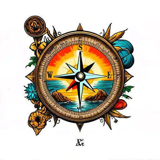 Compass Surrounded By Elements Of A Sunset Scene
