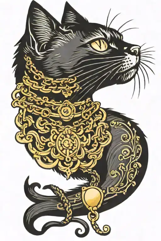 A Black Cat With A Gold Chain Around Its Neck