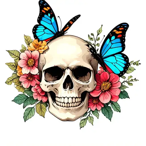 Traditional Skull With Flowers And Butterfly Surrounded