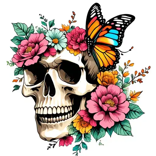 Skull With Flowers And Butterfly