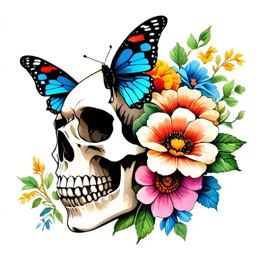 Skull With Flowers And Butterfly Perched