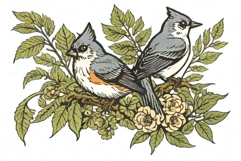 Fox And Fern In Semi Colon With Tufted Titmouse