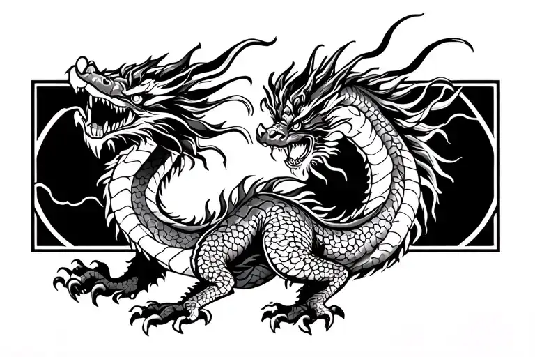 Black And White Japanese Dragon With Full Body Lenght