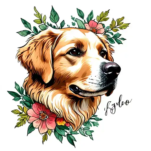 Golden Retriever Head With Floral And Greenery