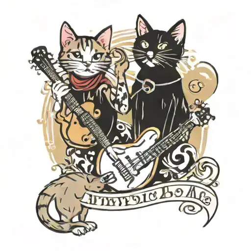A Tattoo Design Featuring A Cat And A Dog Playing Musical Instruments In A Punk Rock Style