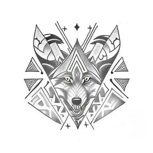 Full Sleeve Tattoo With Samoan Tribal Triangles Around Along With A Wolf