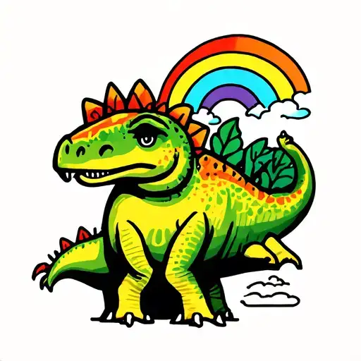 Cute Stick Figures Drawing Of A Dinosaur And Rainbow