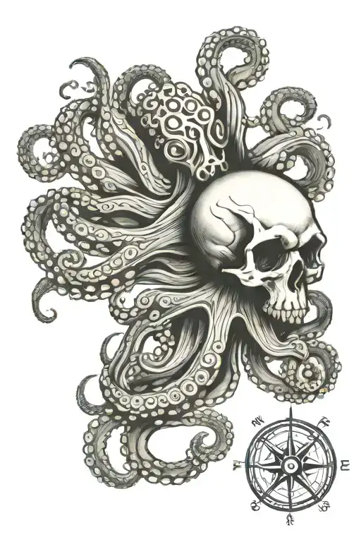 Octopus Stretching Tentacles Holding Skull And Compass