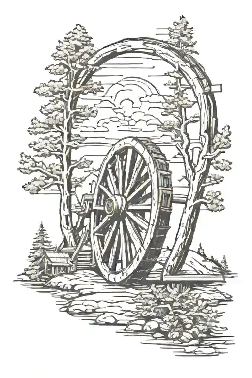 Wagon Wheel And Pine Trees In The Background