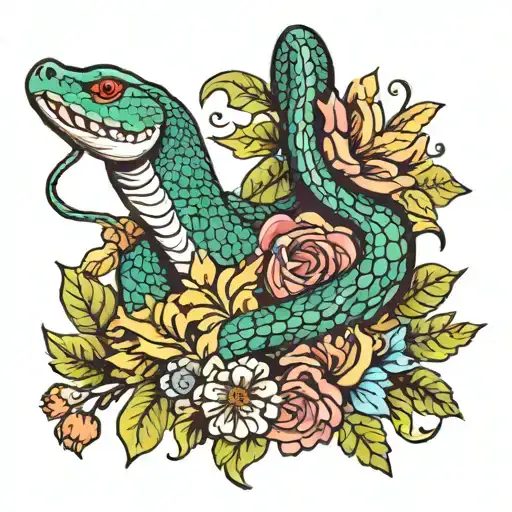 A Traditional Tattoo Design Of A Snake And Lizard Surrounded By A Wreath Of Colorful Flowers
