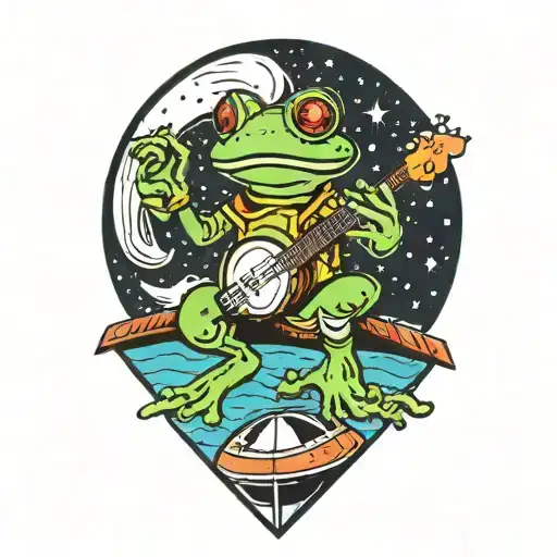 Frog Playing Banjo Sitting On Spaceship