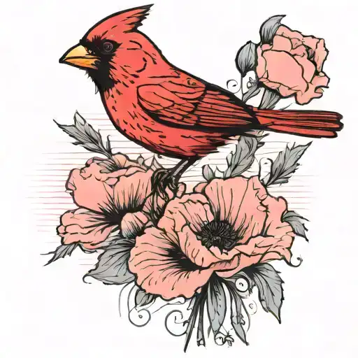 A Cardinal Perched On Top Of A Poppy Flower With A Pink Sky In The Background