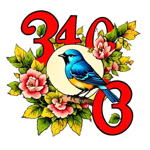 Traditional Style Tattoo With The Numbers 3403 And Little Blue Bird