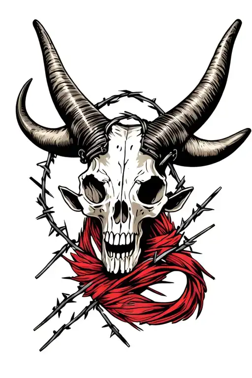 A Long Horn Skull With Barbed Wire