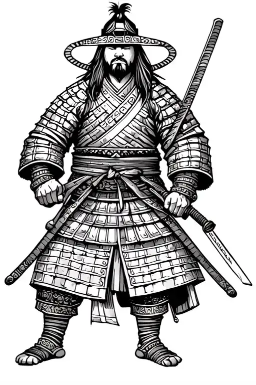 Full -Length Samurai With Katana On The Battlefield