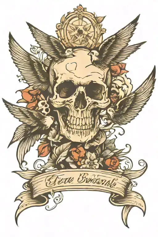 Skull And Two Swallows Flying Away Carrying