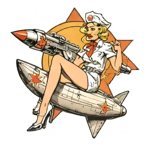 Blonde Pinup Style Nurse Sitting On A Missile Like A Cowboy