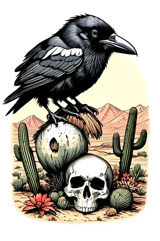 American Desert Landscape With Crow Skull And Cactus