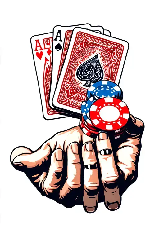 All-in On Two Hands With Two Cards On Left Hand And Six Poker Chips On Right Hand
