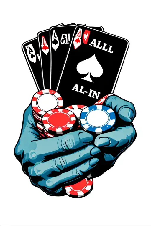 All-in On Two Hands With Two Cards On Top Of Left Hand And Six Poker Chips On Top Of Right Hand