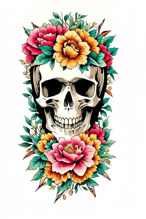 Skull With Asian Floral Arm Sleeve