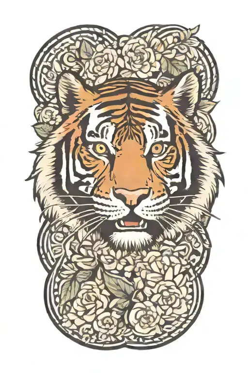 Traditional Tiger With Floral Background And Flow