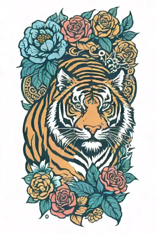 Traditional Full Tiger Body With Floral Background And Flow