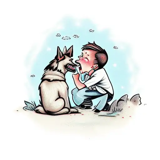 Little Boy Crying Over A Gravestone And A German Shepard With One Blue Eye Comforting Him