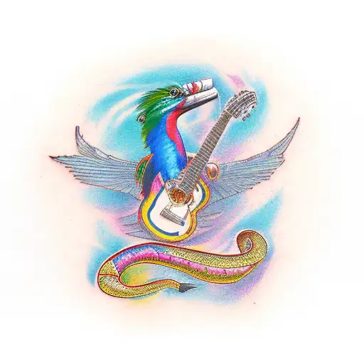 Colorful Quetzal Bird Perched On A Guitar With A Snake Winding Around It