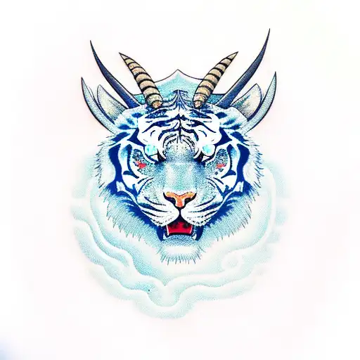 Angey Tiger Head With Third Eye And Goat Horn