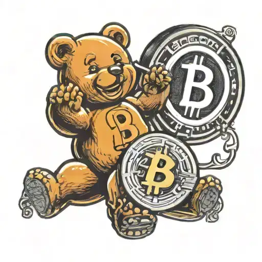 A Traditional Style Tattoo Of A Gummy Bear Holding A Bitcoin Logo