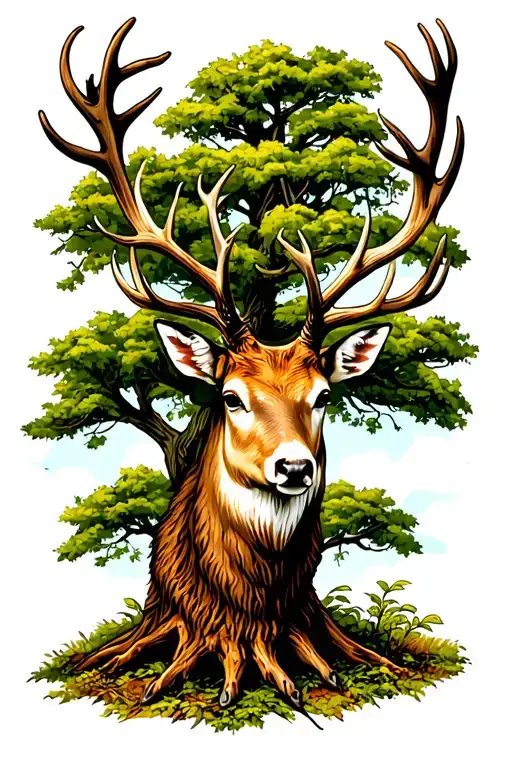 Stag Head In Tree Growing