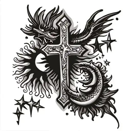 Catholic Cross With Dragon And Filipino Sun Moon Stars
