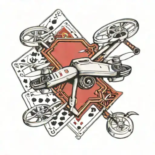 A Traditional Style Tattoo Of A Drone And Golf Clubs Intertwined With Poker Cards