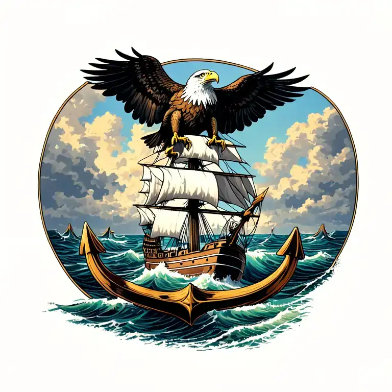 Bald Eagle Perched On Top Of Anchor With A Clipper Ship In Stormy Seas