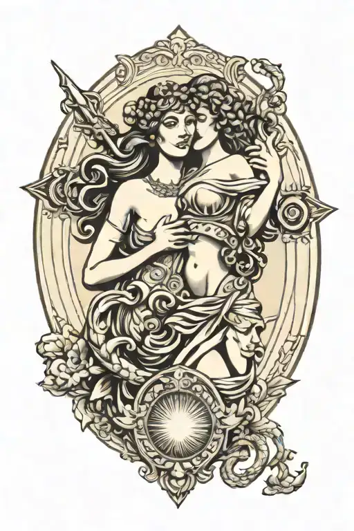 Athena And Aphrodite Back To Back With Medusa Shield