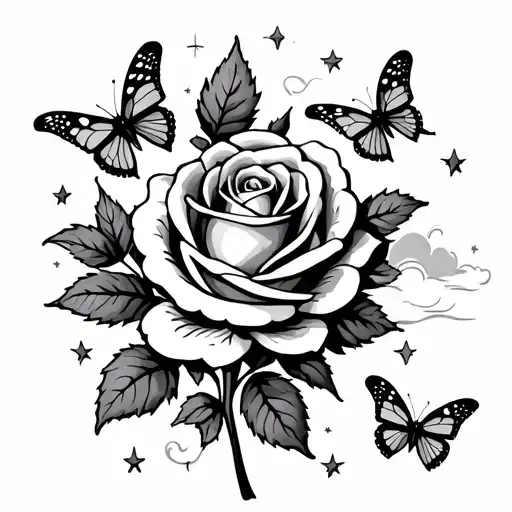 A Rose With Leaves Surrounded By A Group Of Butterflies With Stars And Clouds In The Background