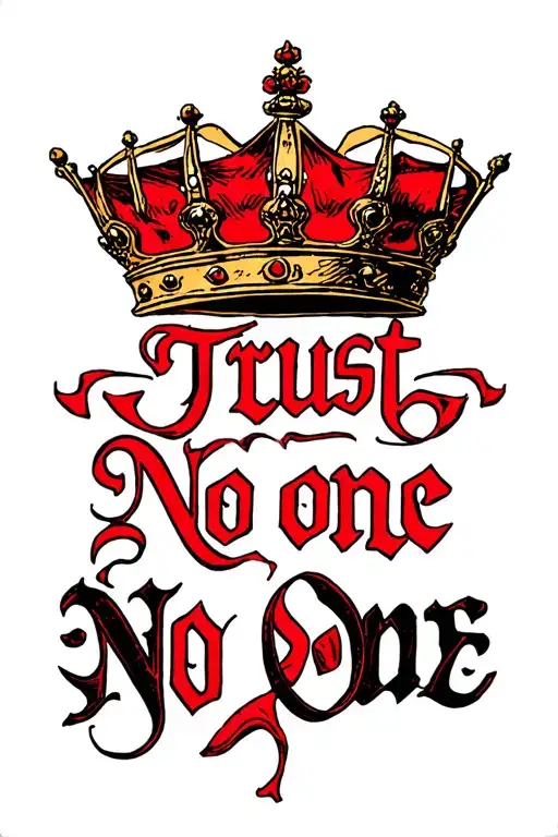 The Words Trust No One In Arabic Red Ink With A Queen Crown On Top