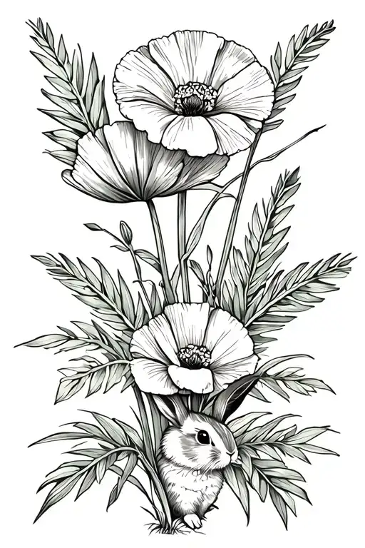 California Poppy Flower With Palm Trees And A Little Bunny