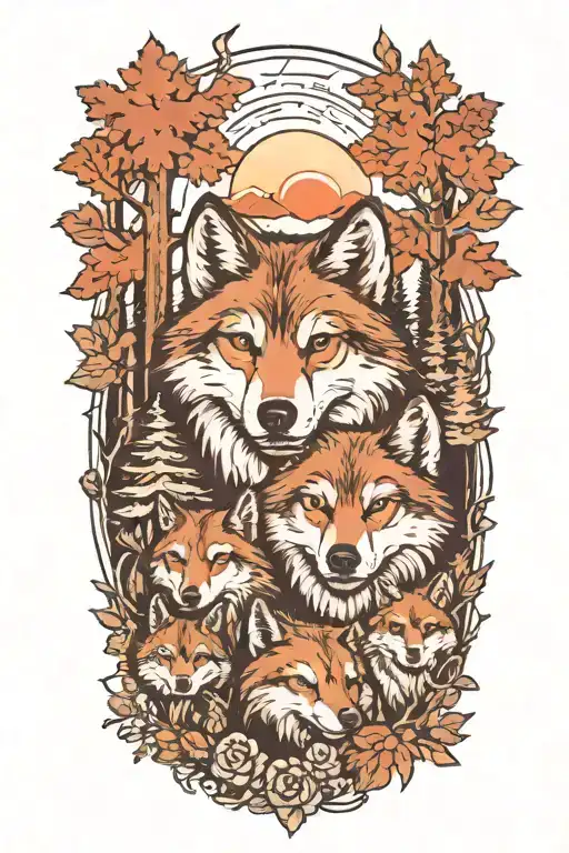 A Traditional Style Tattoo Of A Family Of Wolves In A Dense Forest Setting