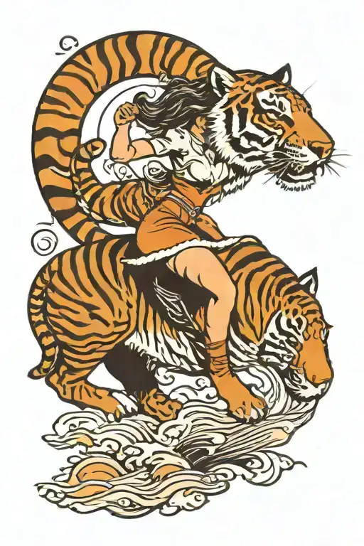 Girl Riding Tiger On Sunset Scene Set