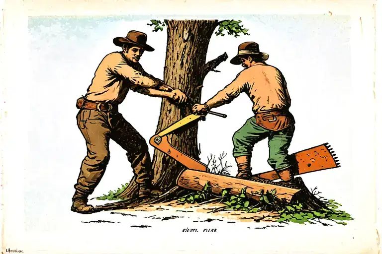 Two Guys Using A Two Man Crosscut Saw To Chop Down A Tree