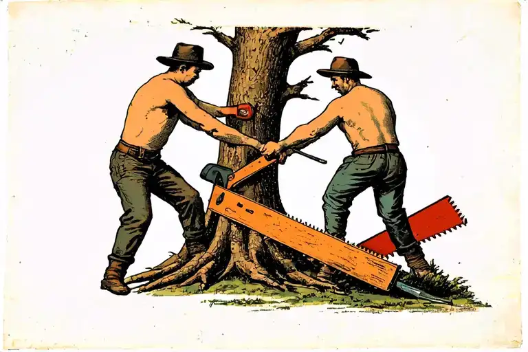 Two Guys Using A Two Man Crosscut Saw To Chop Down A Tree