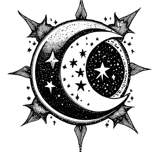 A Crescent Moon Surrounded By Stars With No Sky Filled In Black And White